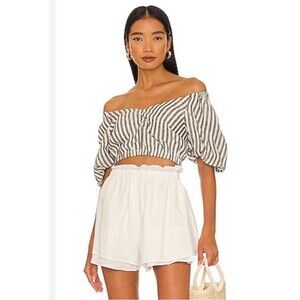 Sancia Revolve Mara Top Cropped Stripes Size Medium Puff Sleeves 100% Flax